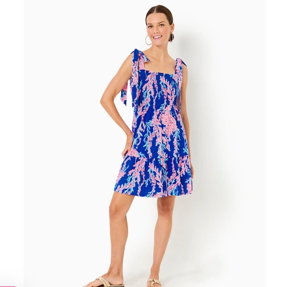 NWT LILLY PULITZER KAILUA SMOCKED DRESS BOREALIS  BLUE SWIM ON OVER L - Picture 3 of 6